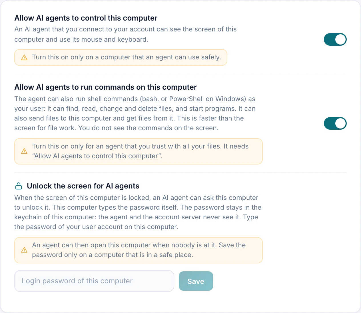 The AI agent page of the ArboView app. The switches “Allow AI agents to control this computer” and “Allow AI agents to run commands on this computer” are on. Below them is “Unlock the screen for AI agents”, with a field for the login password.