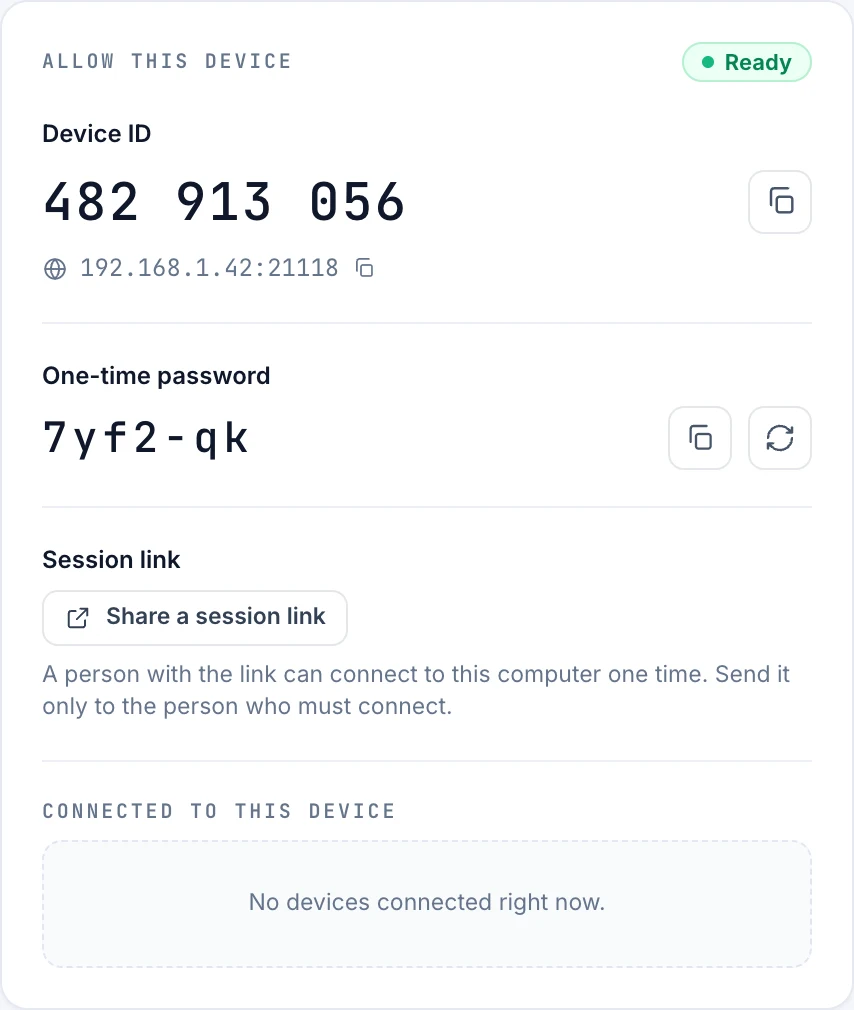 The Connect page of the ArboView app: the device ID 482 913 056, the one-time password 7yf2-qk, and the button Share a session link.
