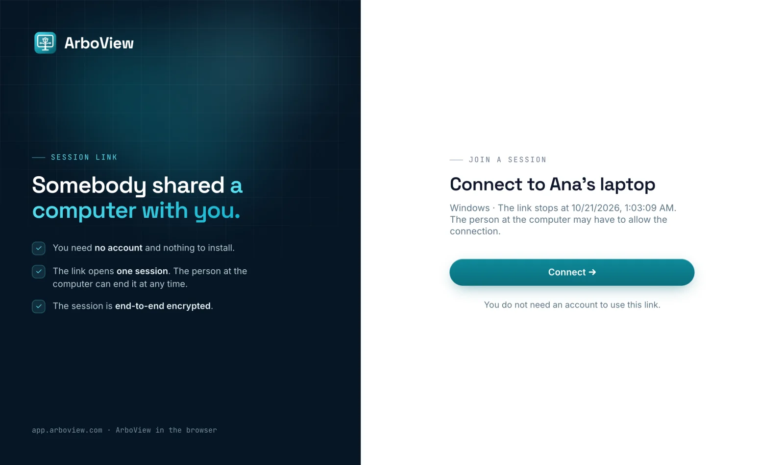 The join page in a browser: Connect to Ana's laptop. You do not need an account to use this link.