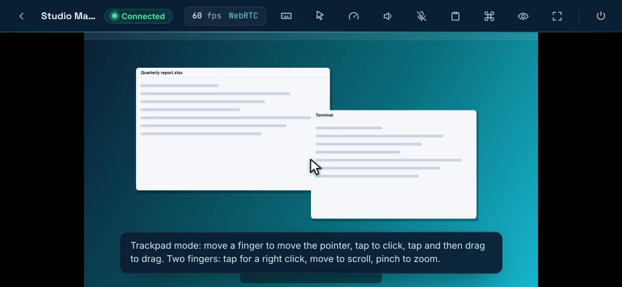 The same session on a phone in landscape, in trackpad mode.